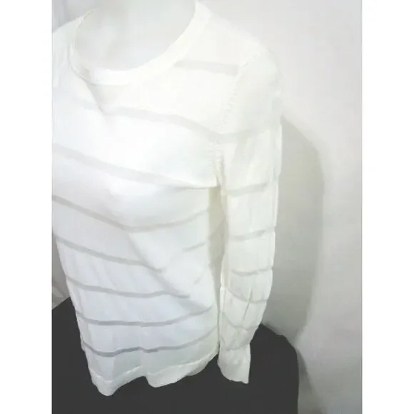 Vince Camuto Ivory Sheer Striped Long Sleeve Round Neck Light Sweater Petite S - Picture 5 of 8